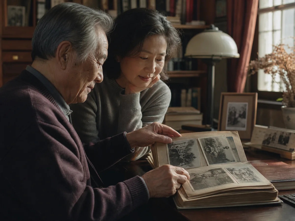 父女一起翻看旧家庭相册（AI 生成示意画面）