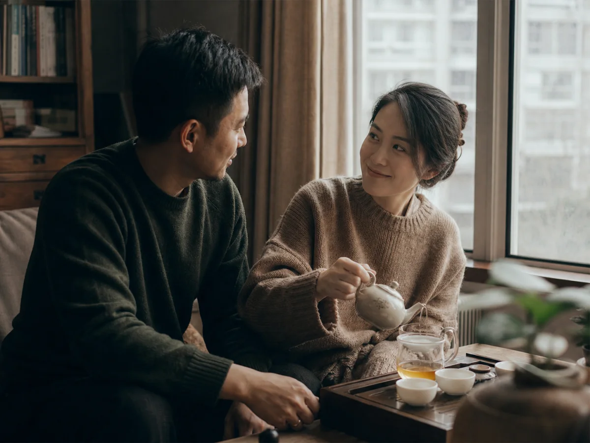 一对伴侣在窗边一起泡茶（AI 生成示意画面）